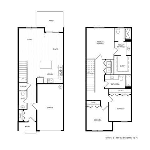 A floor plan of a Willow 3 BR 2.5 BA apartment with a living area, dining area, kitchen, bathroom, and two bedrooms.